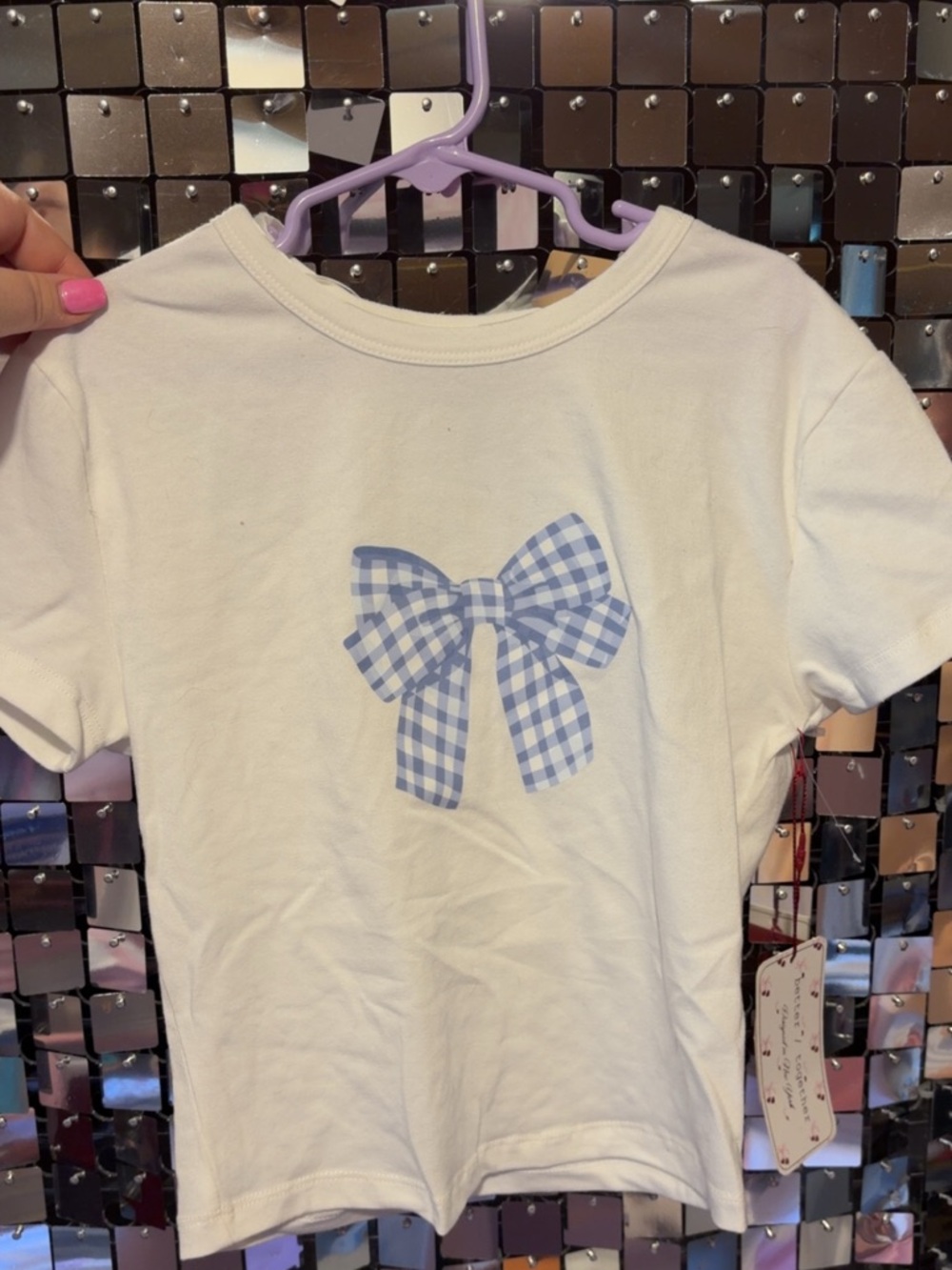 White Kids T-Shirt with Blue Gingham Bow